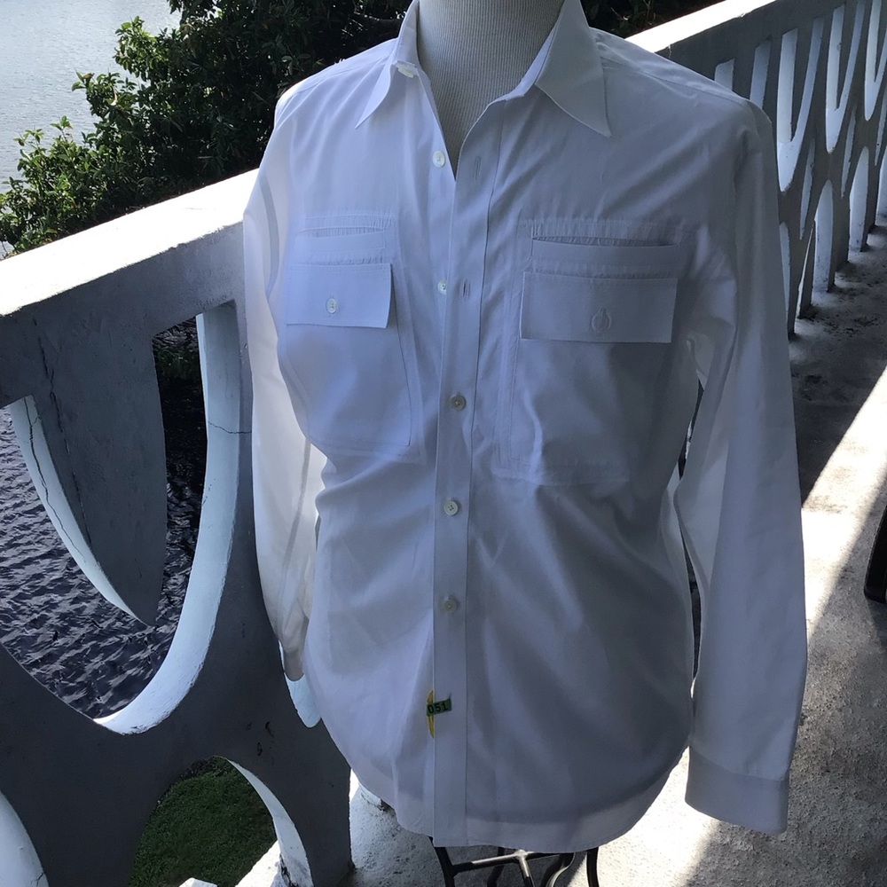 Michael Kors Men’s White Button Down Dress Shirt with Four Front Pockets Cotton